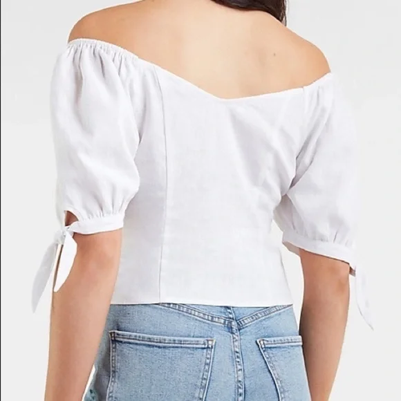 NWT - Express Beige Linen-Blend Off The Shoulder Tie Sleeve Shirt - Picture 5 of 7